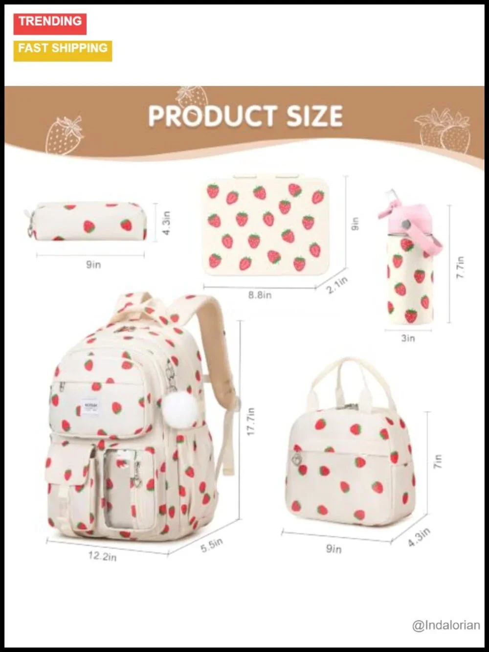 5-in-1 Girls Backpack Set with Bento Lunch Box & Water Bottle